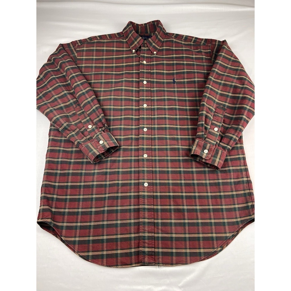 Ralph‎ Lauren Mens Plaid Flannel Button Down Shirt Burgundy Green Medium